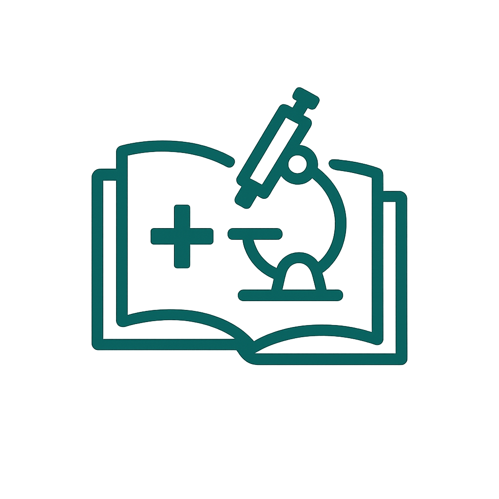 Pictogramă educație medicală – carte și microscop, simbol pentru formare profesională în medicina canabinoidă.