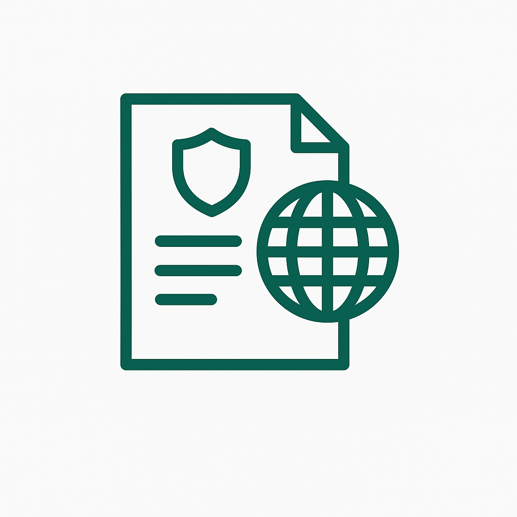 Pictogramă ghiduri și standarde internaționale – document și glob, simbol pentru reglementări în medicina canabinoidă.