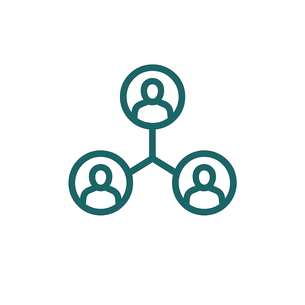 Pictogramă rețea de specialiști – conexiuni între profesioniști în medicina canabinoidă.