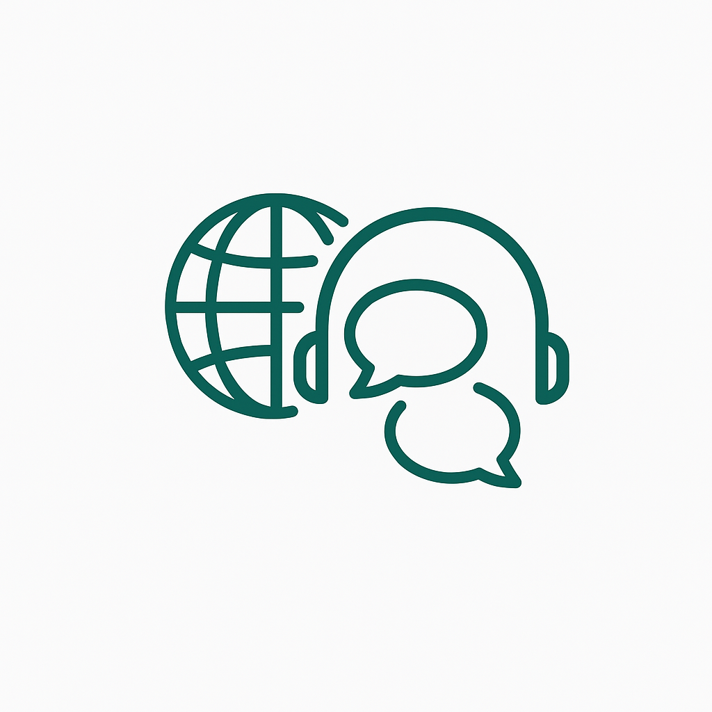 Pictogramă traducere simultană – glob și căști cu bule de dialog pentru Engleză și Română.