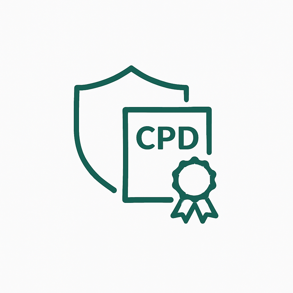 Pictogramă certificare CPD UK – diplomă internațională și scut de validare.