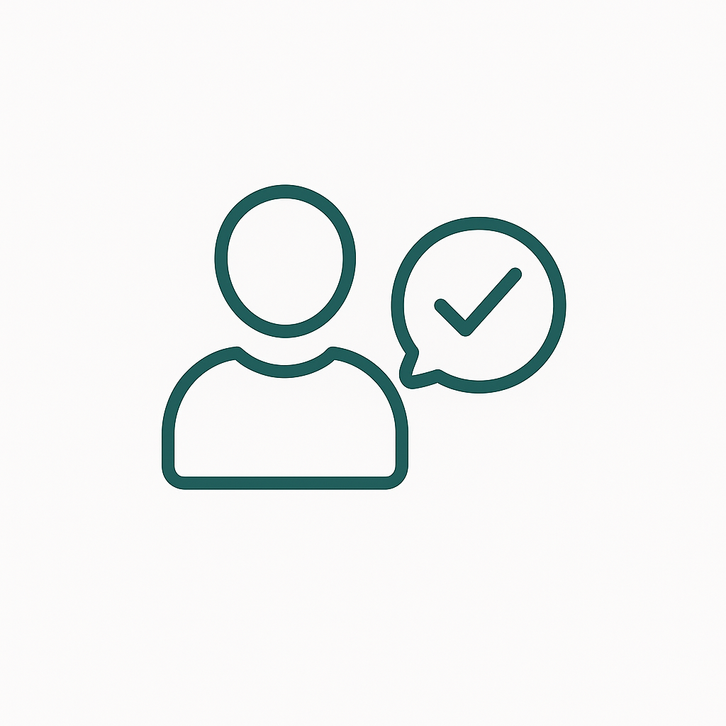 Pictogramă terapeuți și psihologi – siluetă umană cu bulă de dialog și bifă.